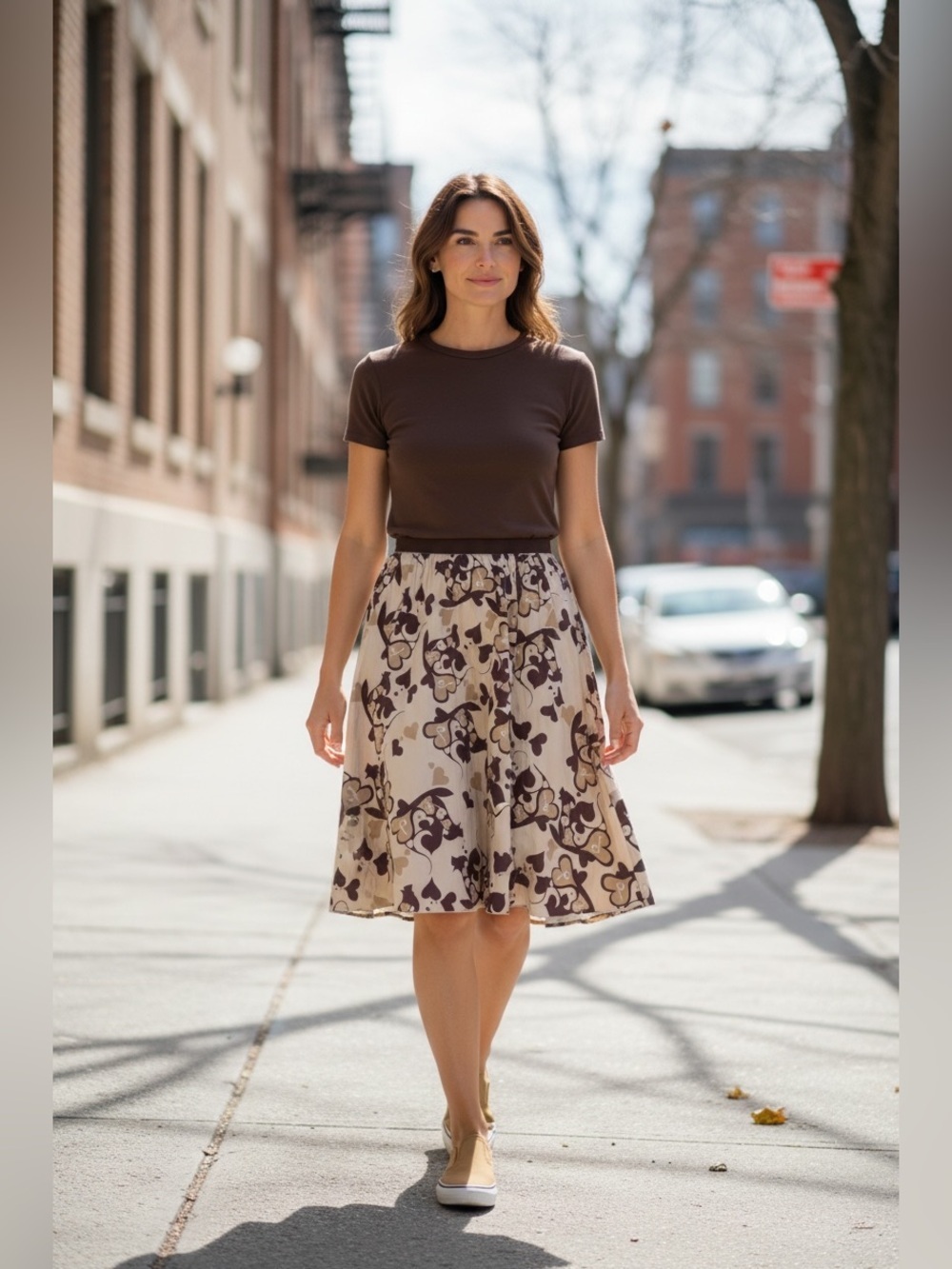 Prada Vintage Logo Beige Skirt with Brown Heart Print Sz 40